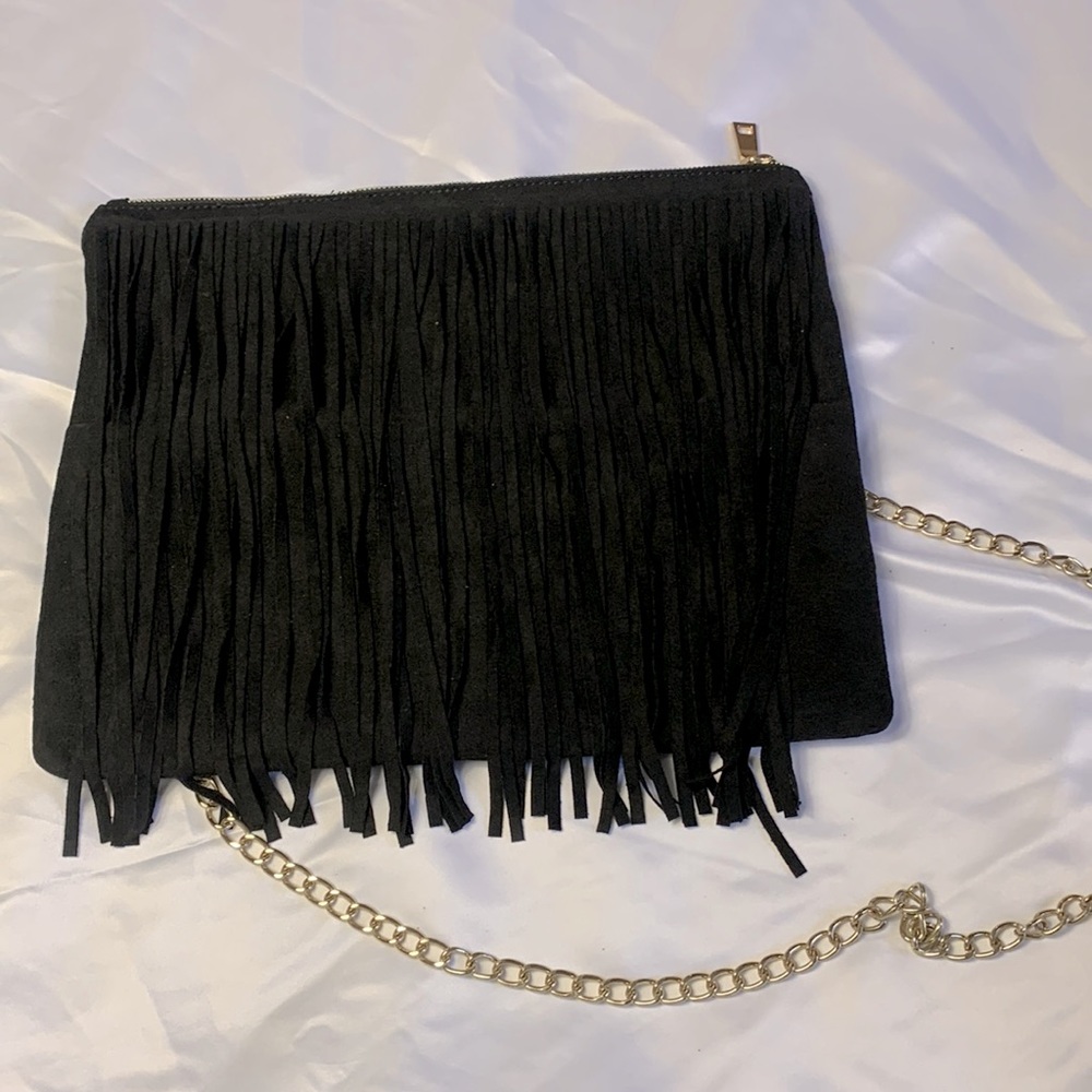 🖤BLACK SUEDE FRINGE CLUTCH/CROSSBODY WITH CHAIN STRAP